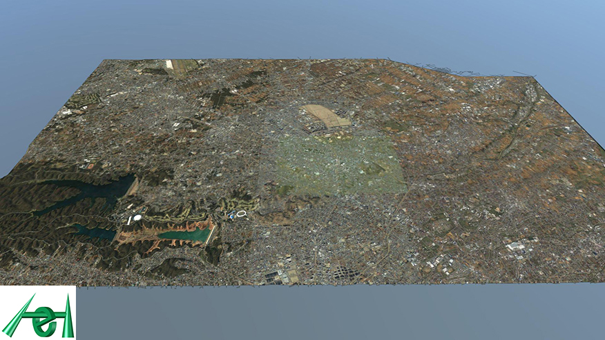 地形データに衛星画像データを貼り付けるが、建物は平面のままとなる ©DigitalGlobe / ©日本スペースイメージング