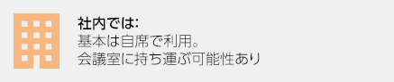 社内では：基本は自席で利用。会議室に持ち運ぶ可能性あり